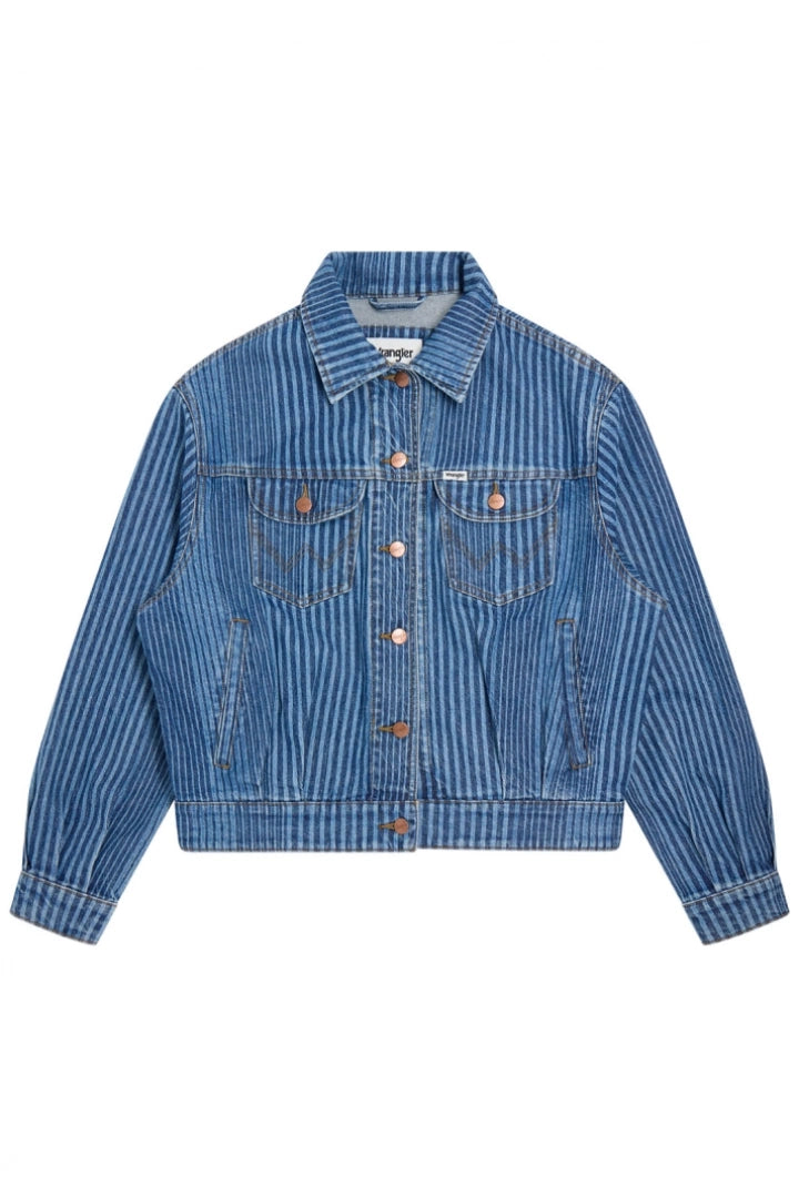 90S MULTISTRIPE gallajakki frá Wrangler í bláum tónum með röndóttu mynstri – aðalmynd