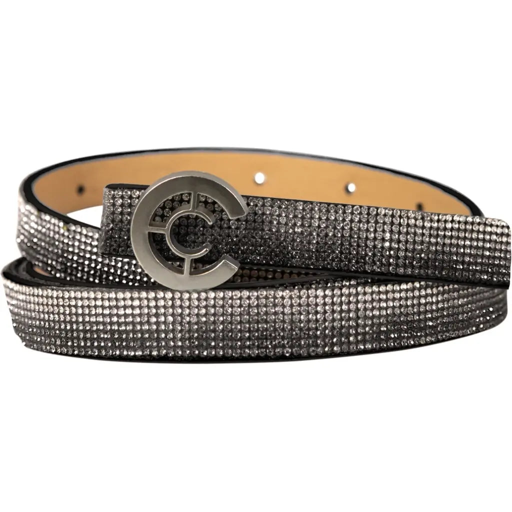 Belt with similistone and logo buckle-Grey diamond