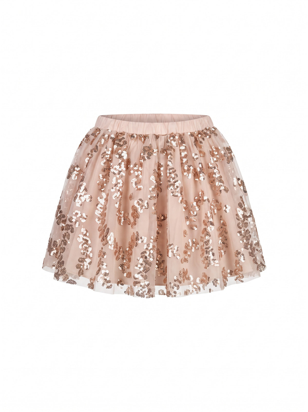 Girls' A-line mini skirt with pleated tulle, leaf print, sequins, glitter, and an elastic waistband.