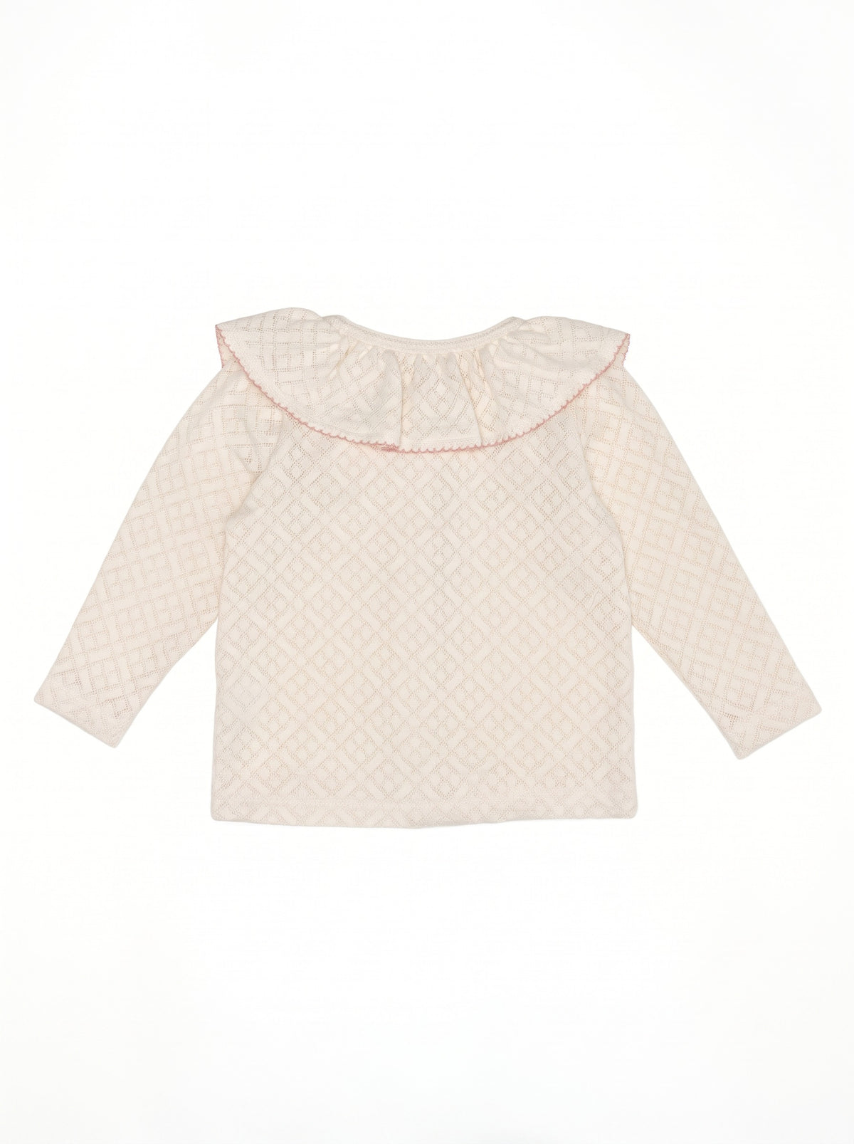 Girls’ knitted cotton top with ruffles, lace-trimmed neckline, long sleeves, and decorative buttons.