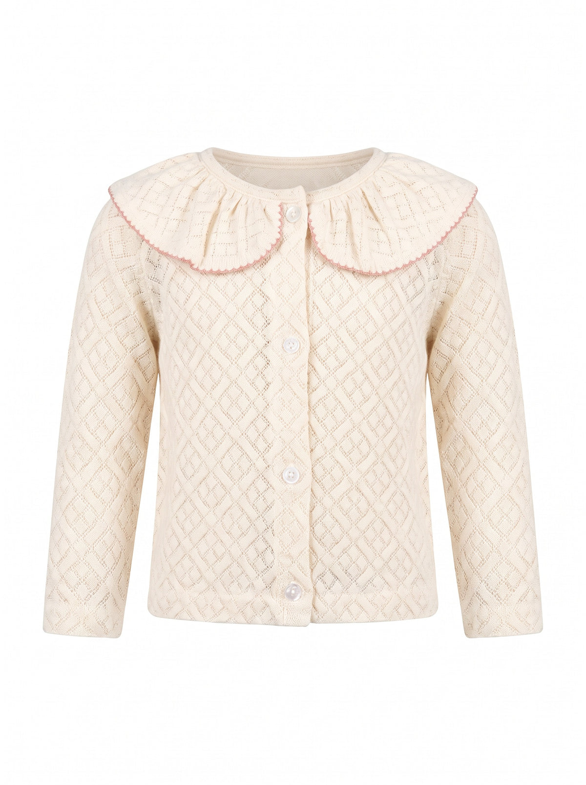 Girls’ knitted cotton top with ruffles, lace-trimmed neckline, long sleeves, and decorative buttons.