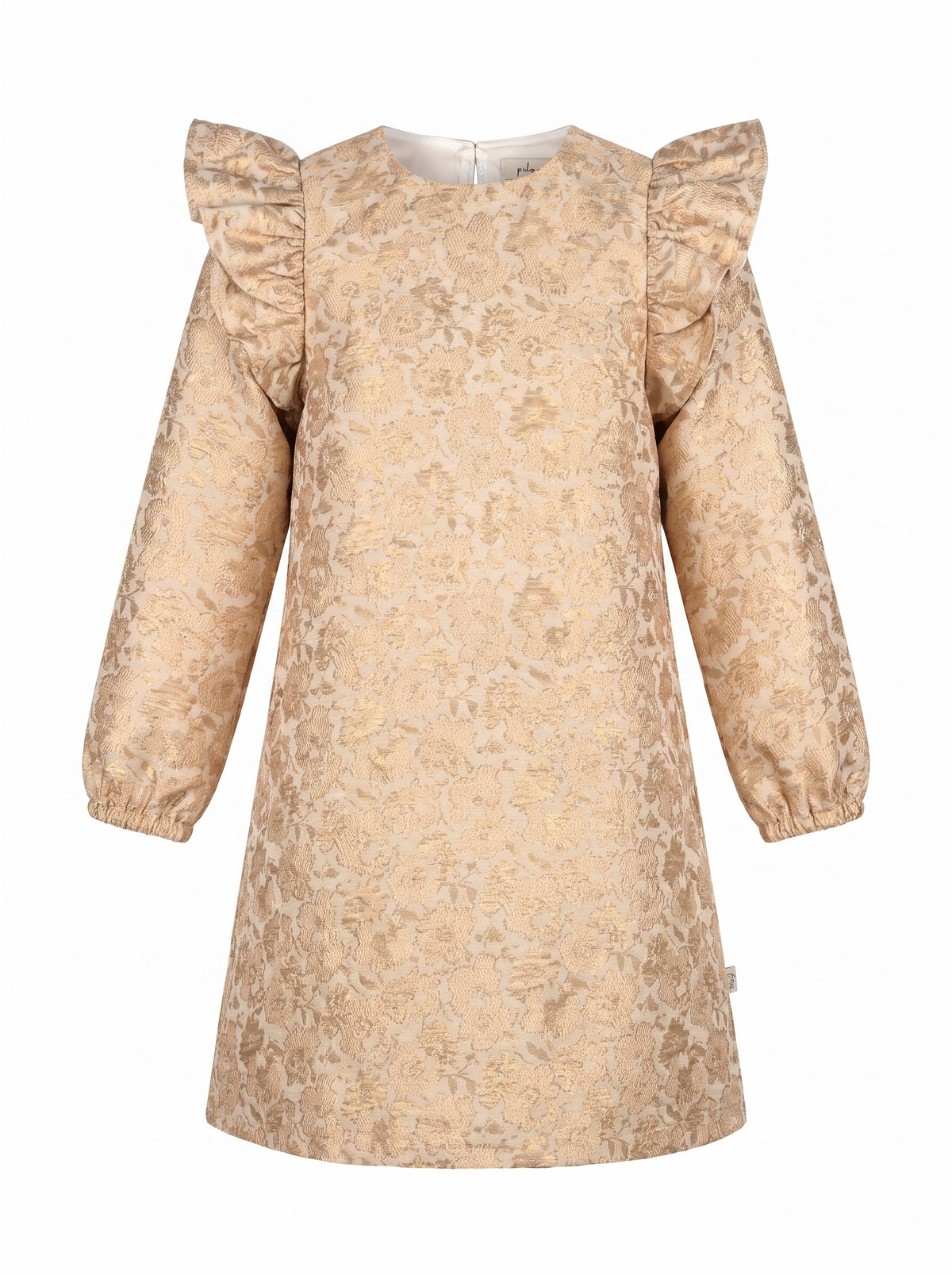 Girls' fully lined floral mini style with metallic finish, ruffled puff sleeves, and A-line shape.