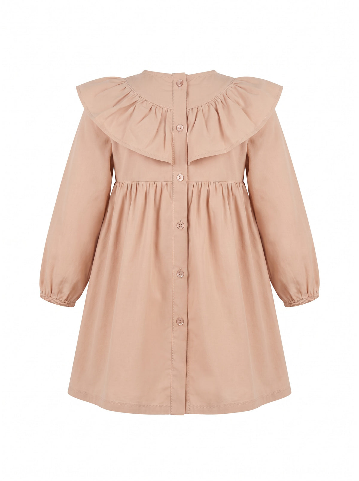 Girls' cotton A-line style with Peter Pan collar, ruffles, long sleeves, and button details
