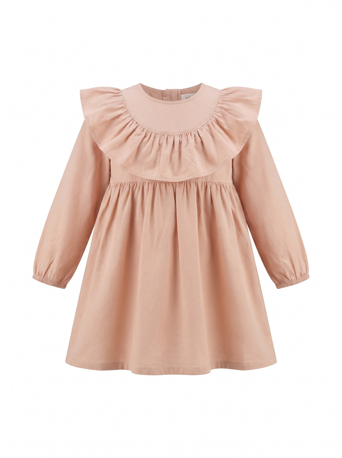Girls' cotton A-line style with Peter Pan collar, ruffles, long sleeves, and button details