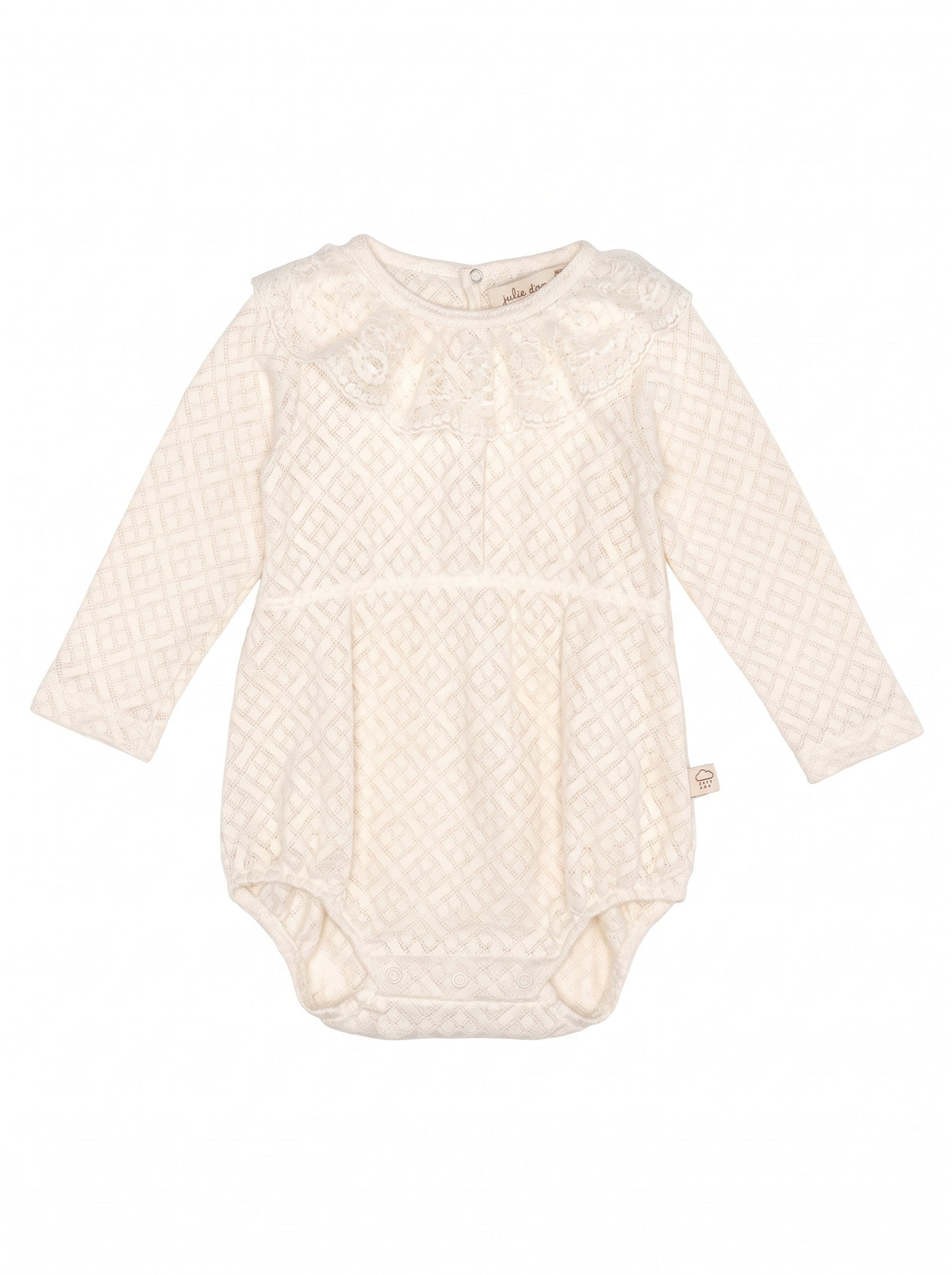 Newborn knitted one-piece with a ruffled collar and long sleeves