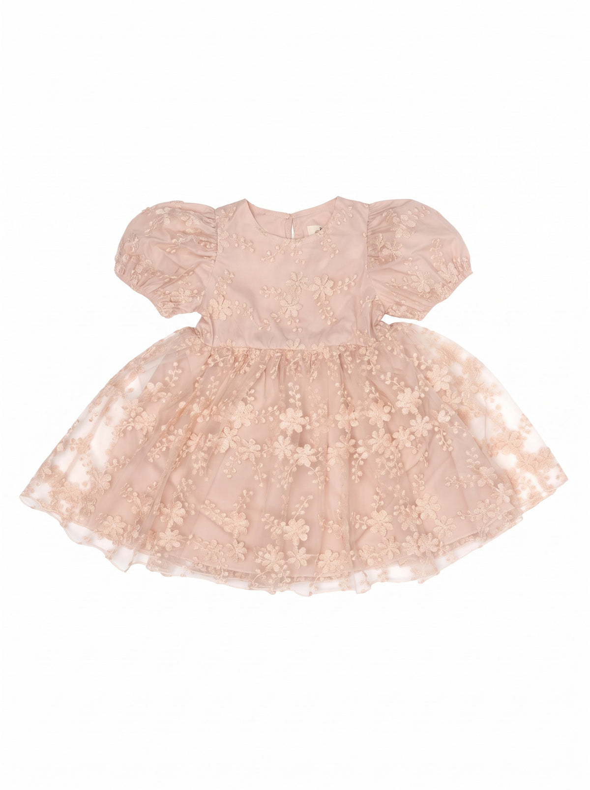 Girls' floral tulle style with puff sleeves, embroidery, and a ruffled below-knee hem