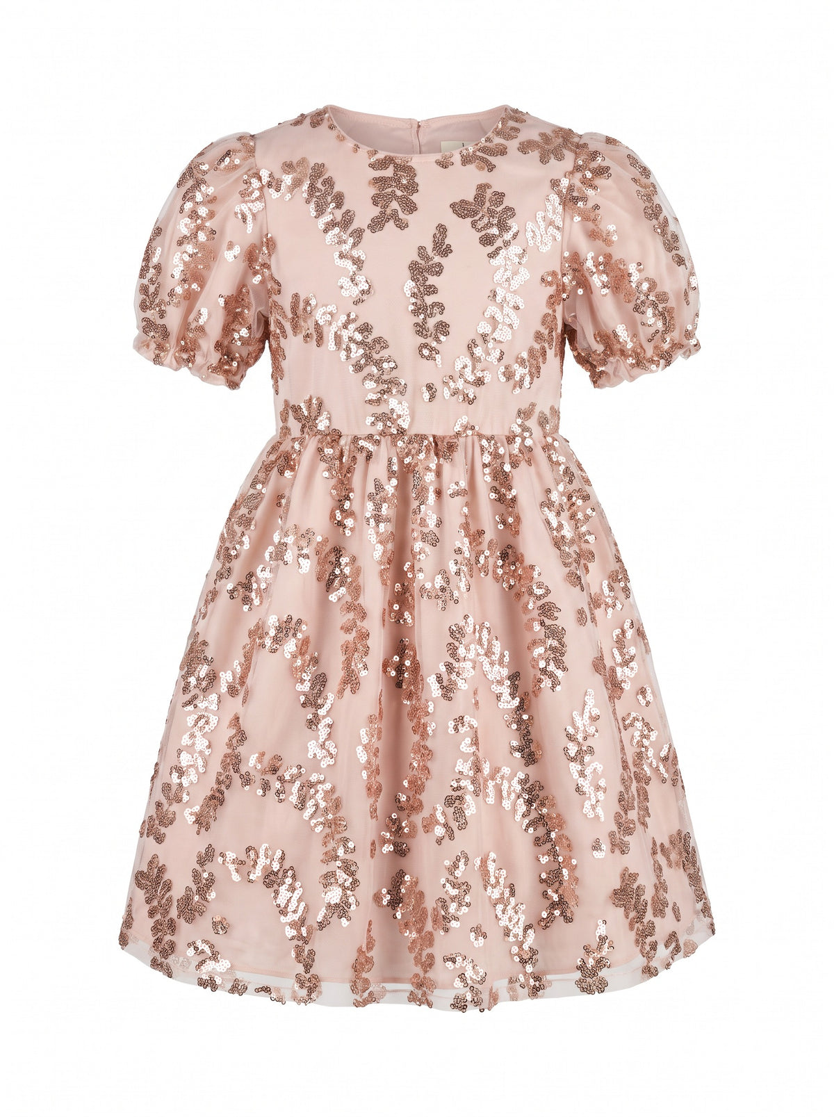 Girls' fully lined mini A-line party style with puff sleeves, sequins, leaf print, and back button detail.