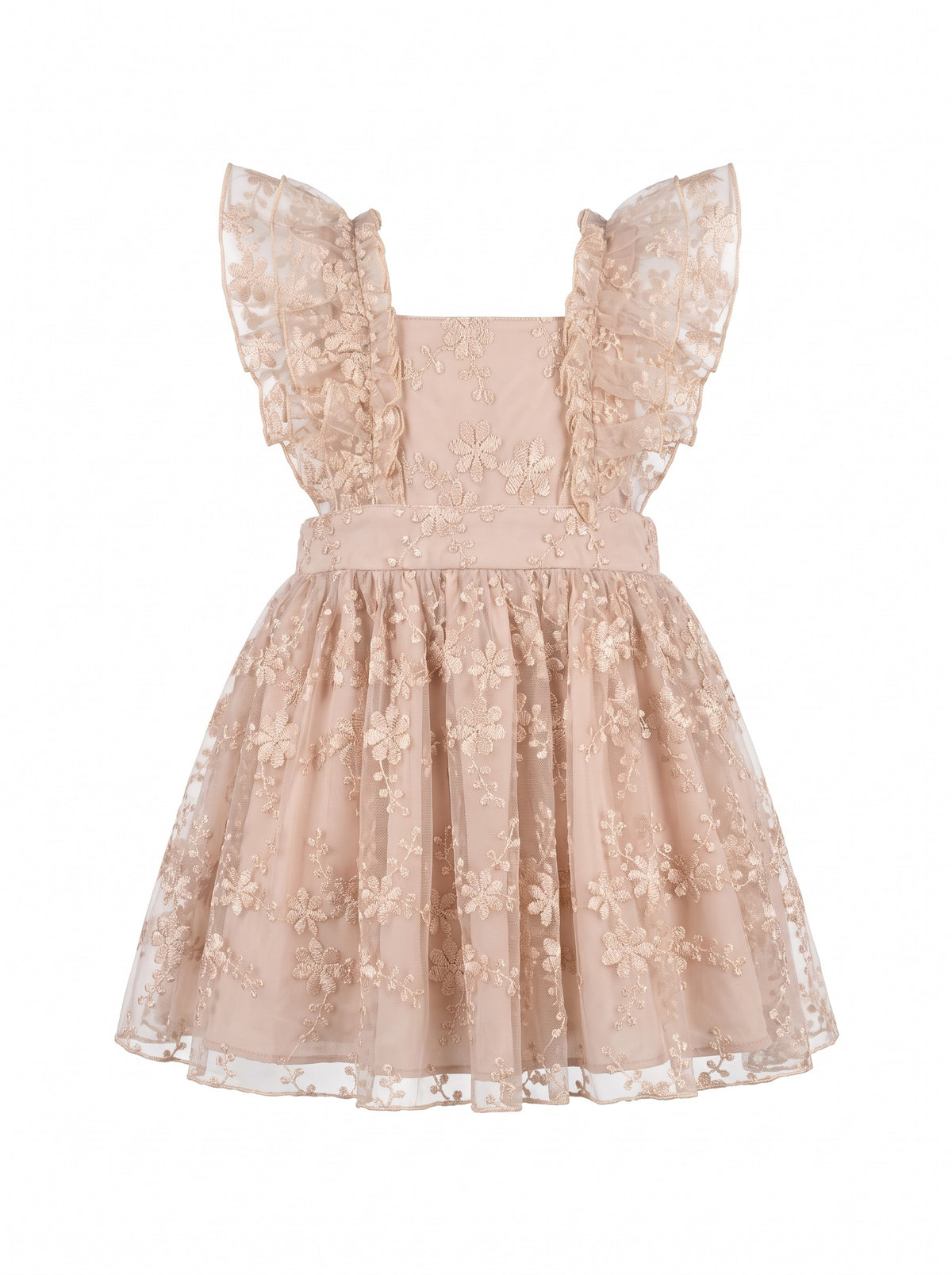 Girls’ floral embroidered tulle occasion style with ruffled sleeves and a below-knee A-line hem.