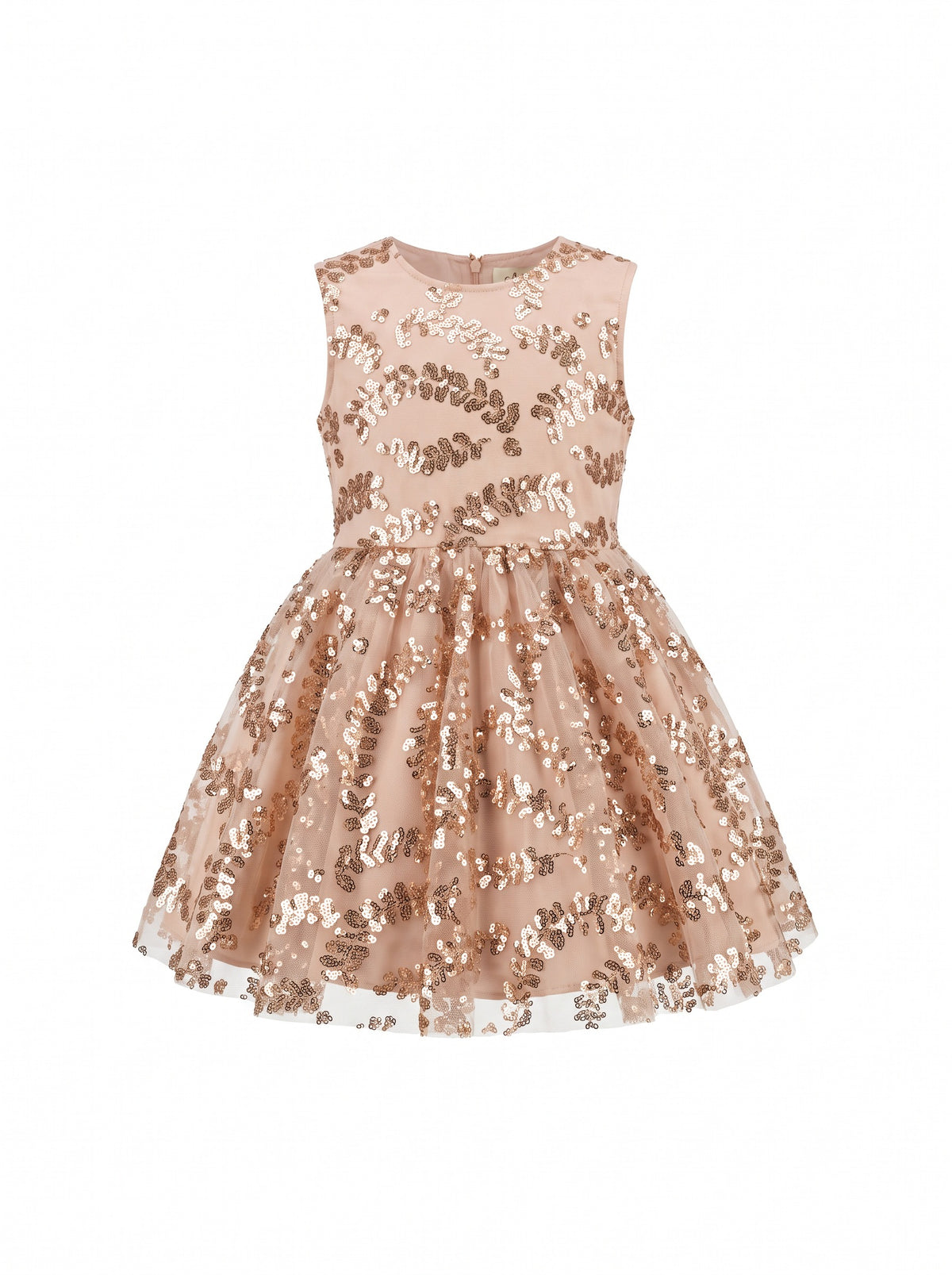 Girls' sleeveless sequin leaf-print A-line mini style with pleated tulle skirt