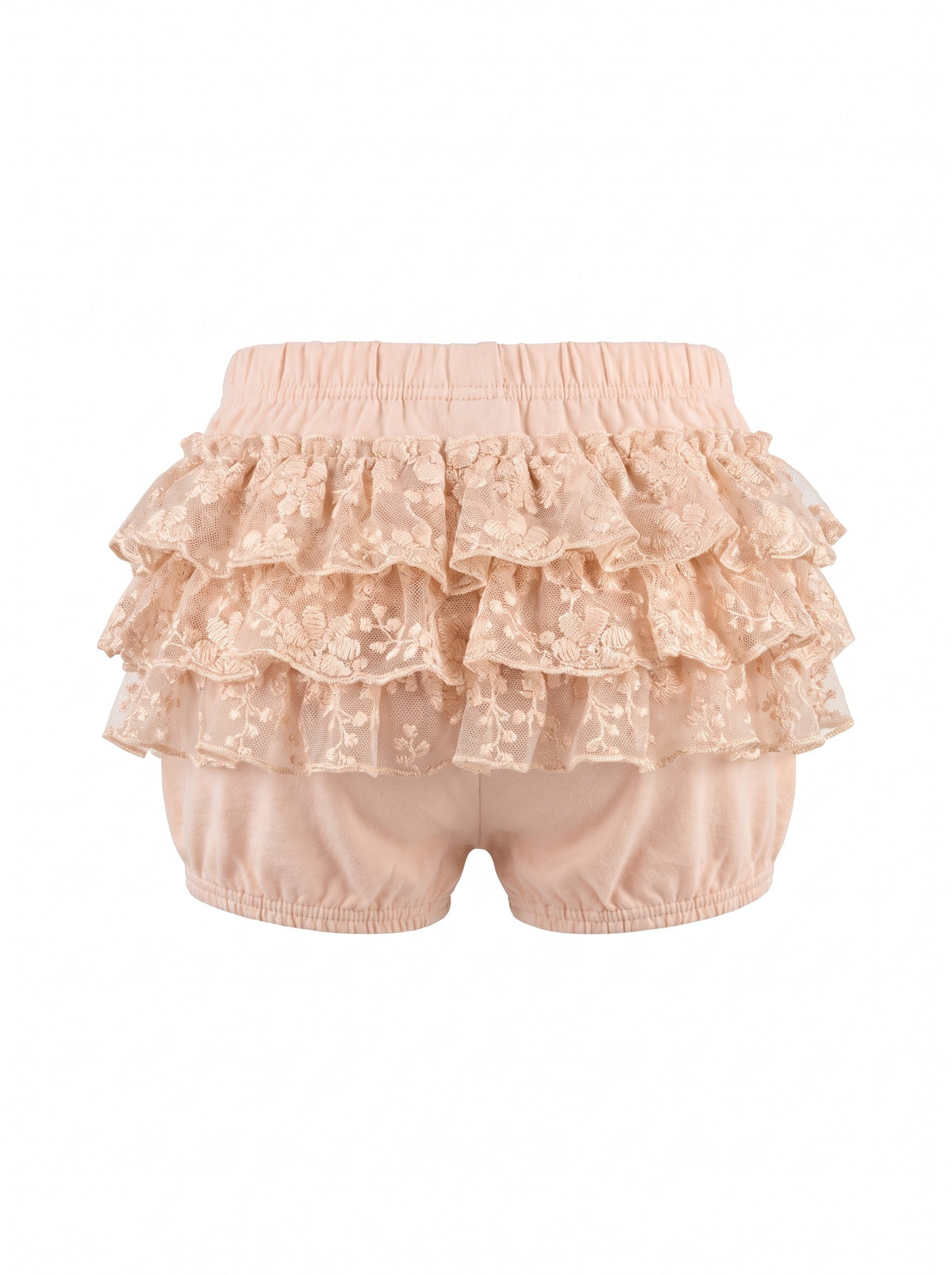 Girls' lightweight embroidered tulle bloomers with elastic waist and ruffled details.