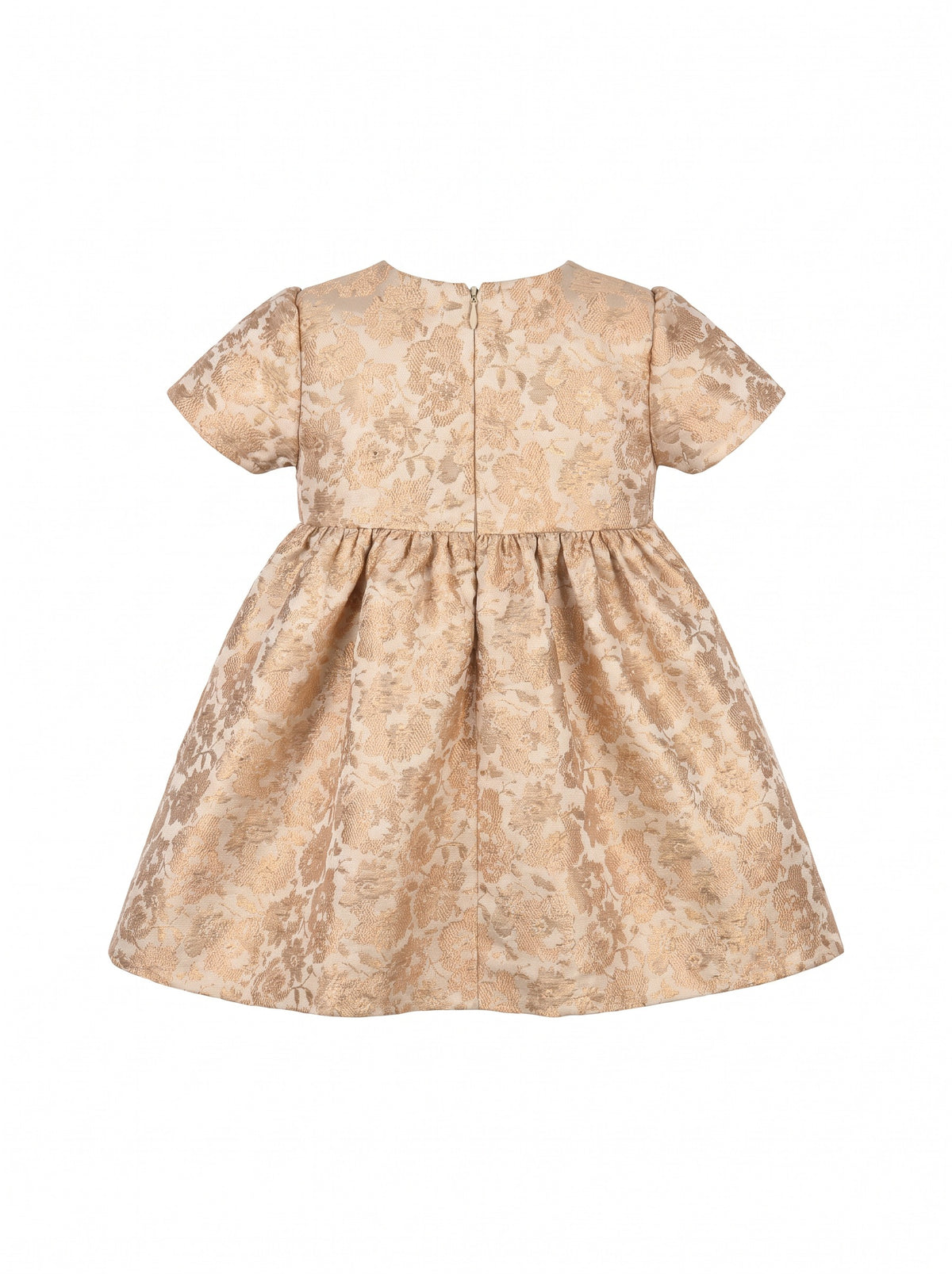 Girls' metallic floral pleated A-line mini style with short sleeves and a gathered waist.