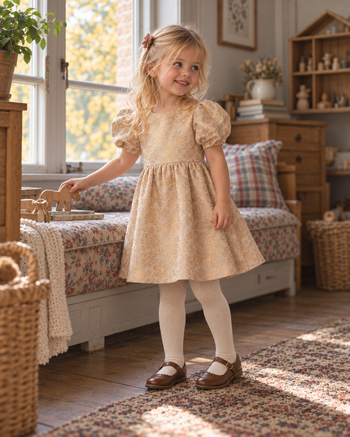 Vivi Brocade kjóll Með Púffermum