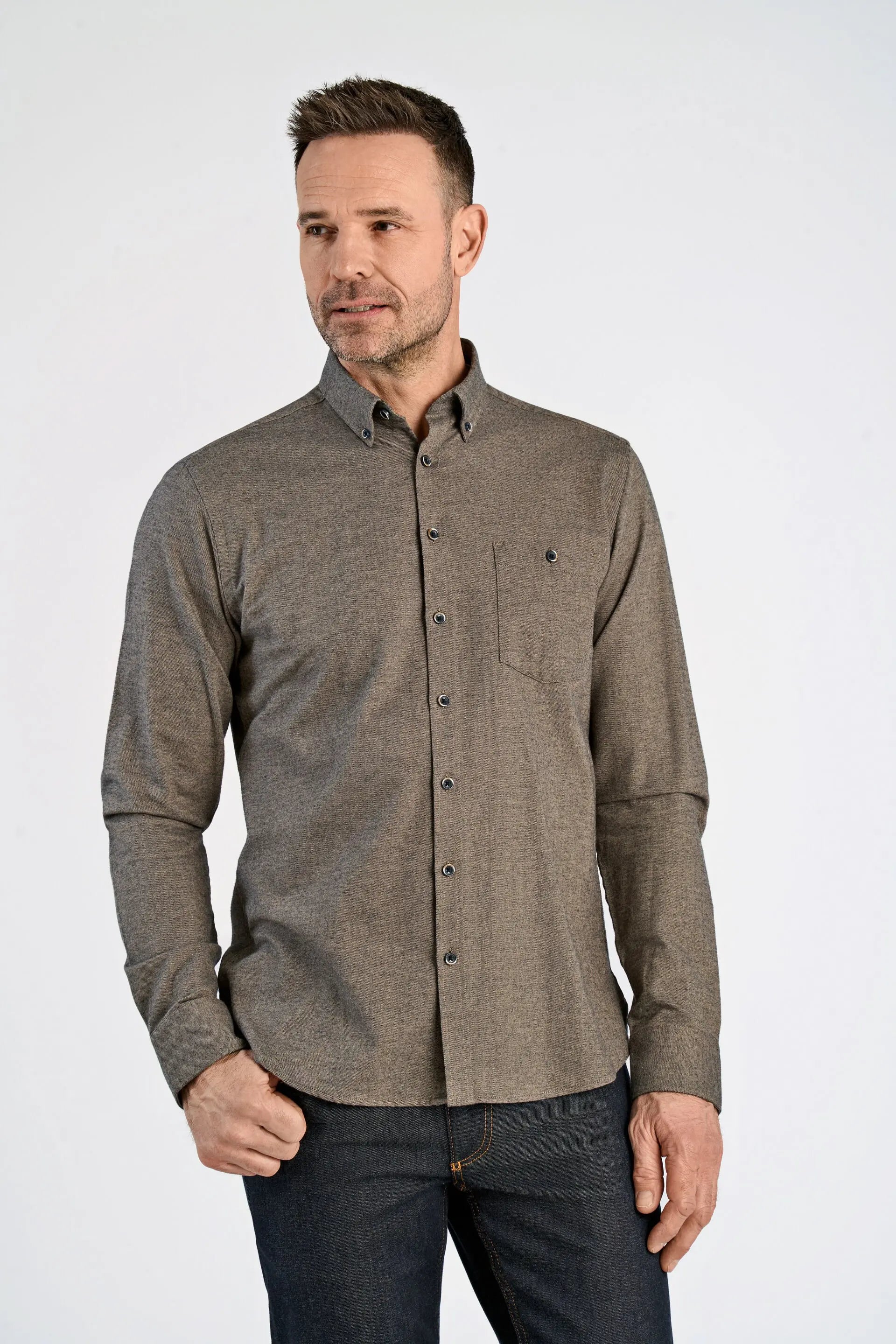 Mélange brushed shirt L/S - Regular fit-MID BROWN MEL