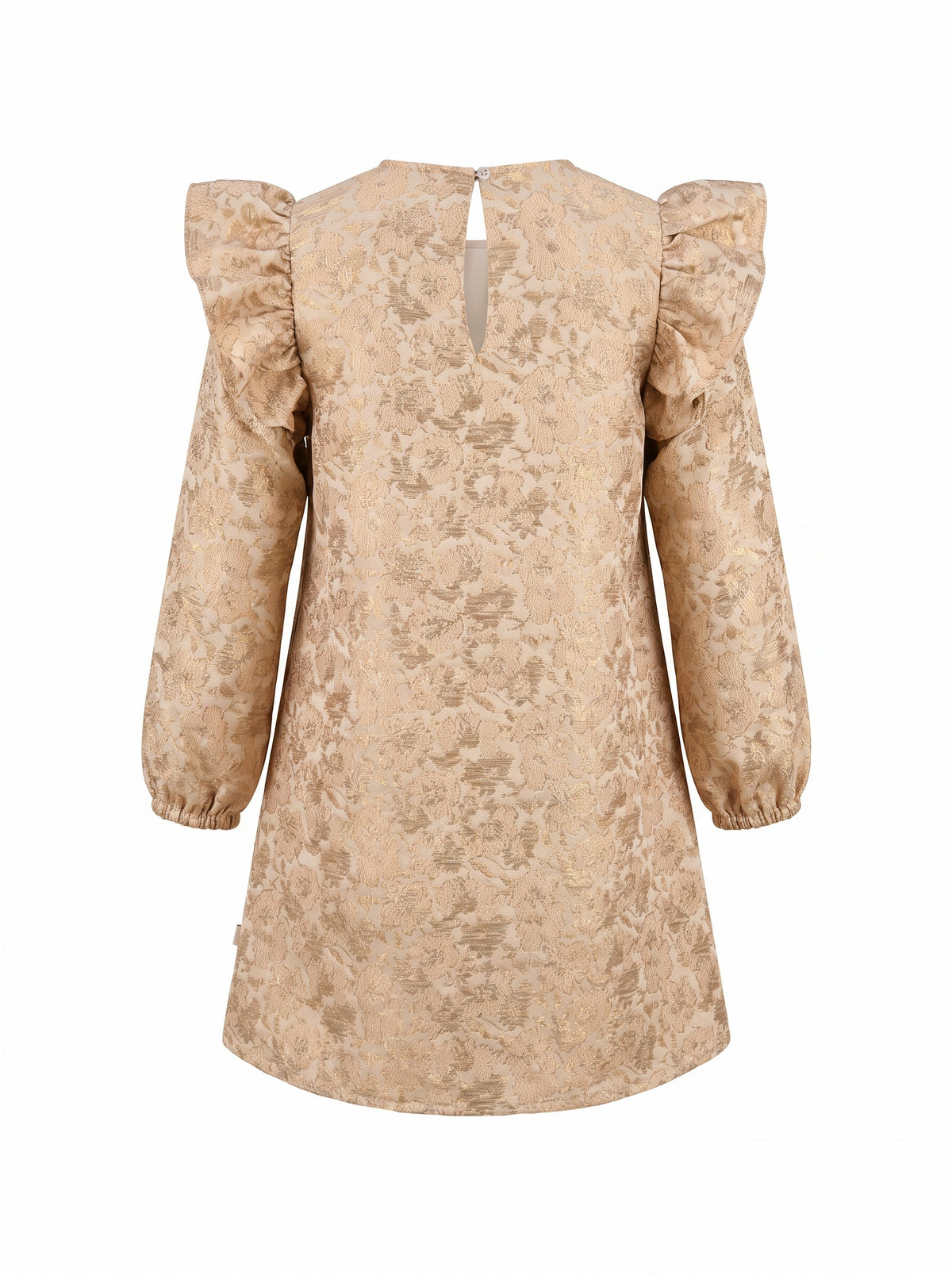 Girls' fully lined floral mini style with metallic finish, ruffled puff sleeves, and A-line shape.