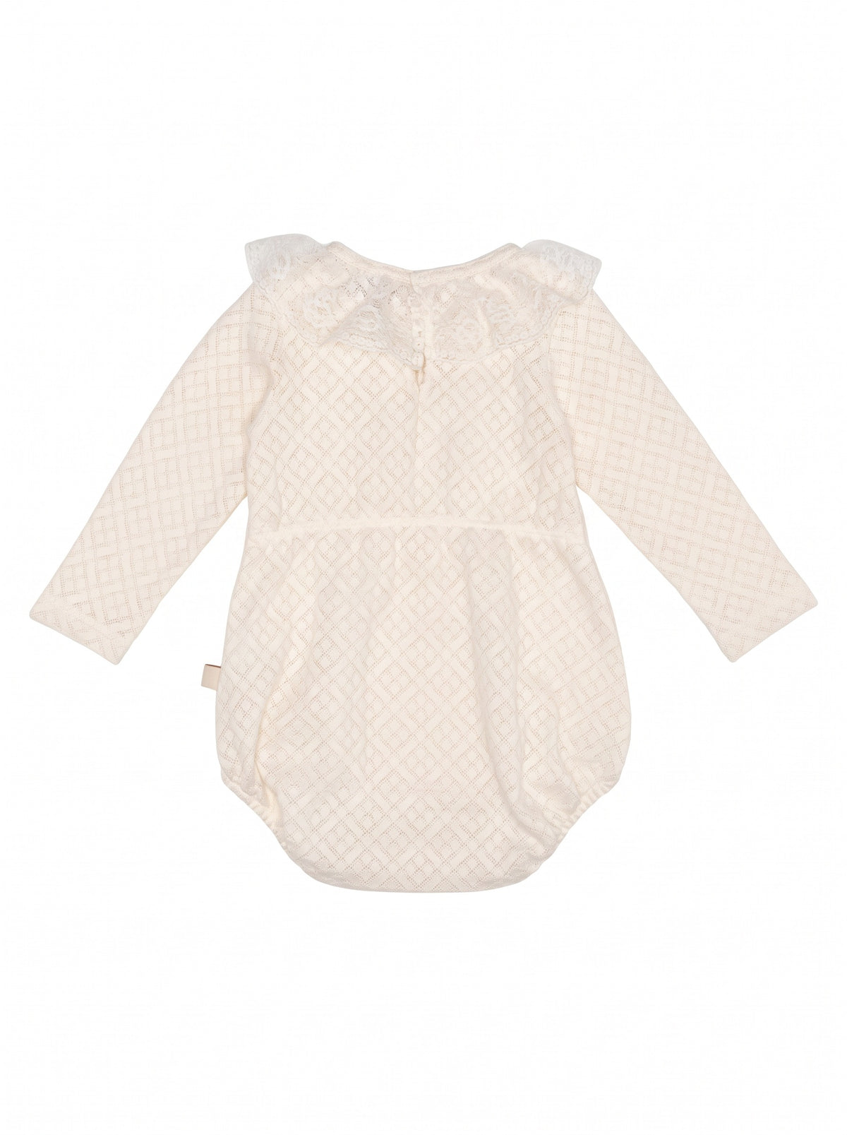 Newborn knitted one-piece with a ruffled collar and long sleeves