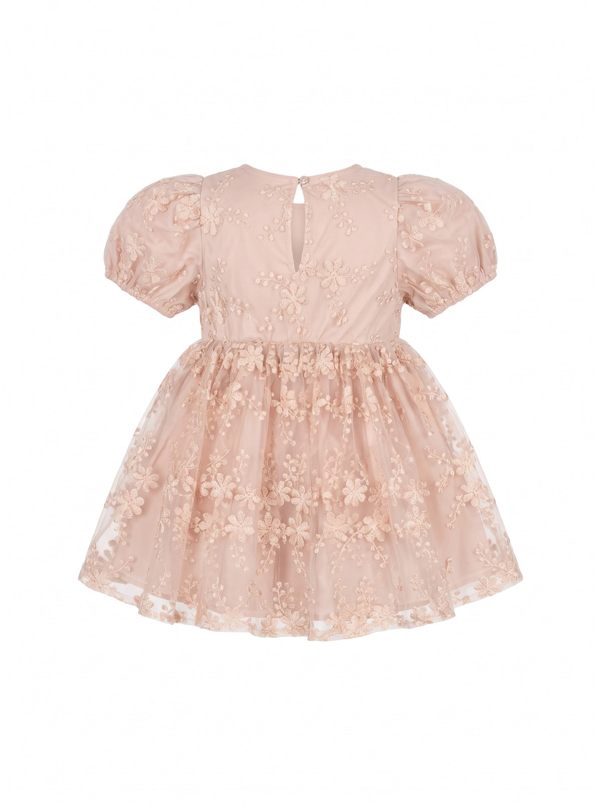 Girls' floral tulle style with puff sleeves, embroidery, and a ruffled below-knee hem
