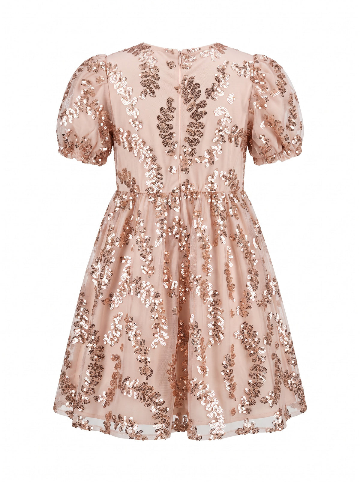 Girls' fully lined mini A-line party style with puff sleeves, sequins, leaf print, and back button detail.