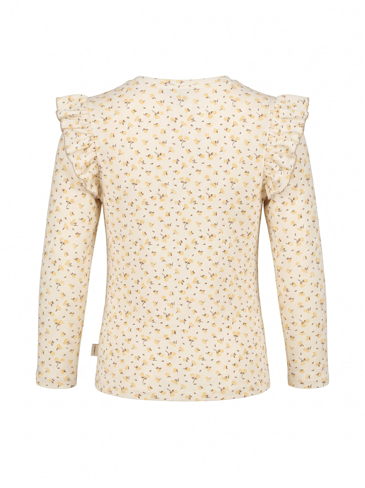 Girls' fitted long-sleeve cotton jersey top with ruffled shoulders and an all-over graphic print.