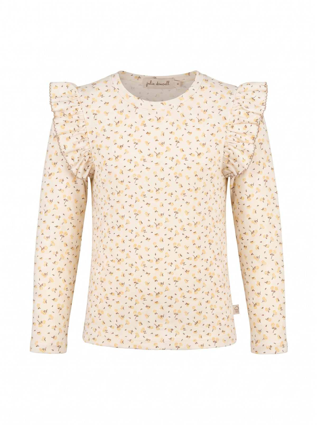 Girls' fitted long-sleeve cotton jersey top with ruffled shoulders and an all-over graphic print.