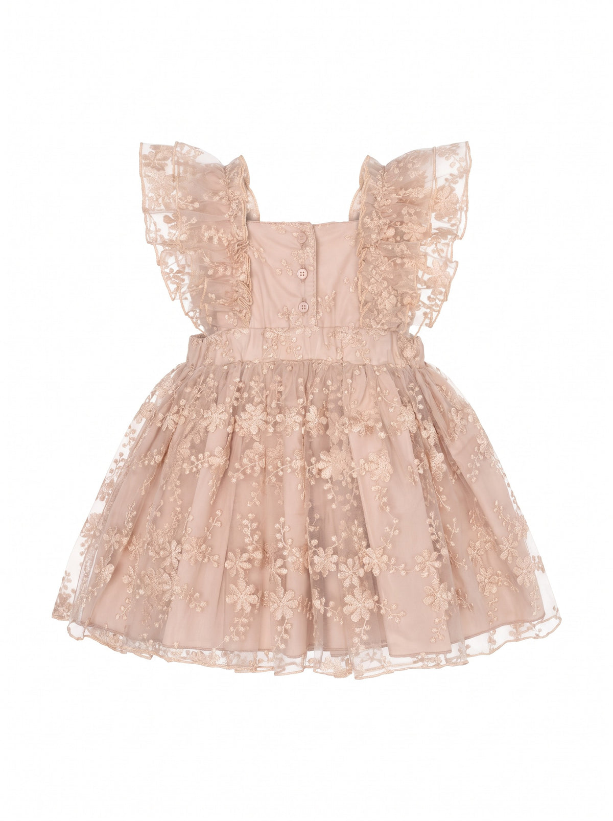 Girls’ floral embroidered tulle occasion style with ruffled sleeves and a below-knee A-line hem.
