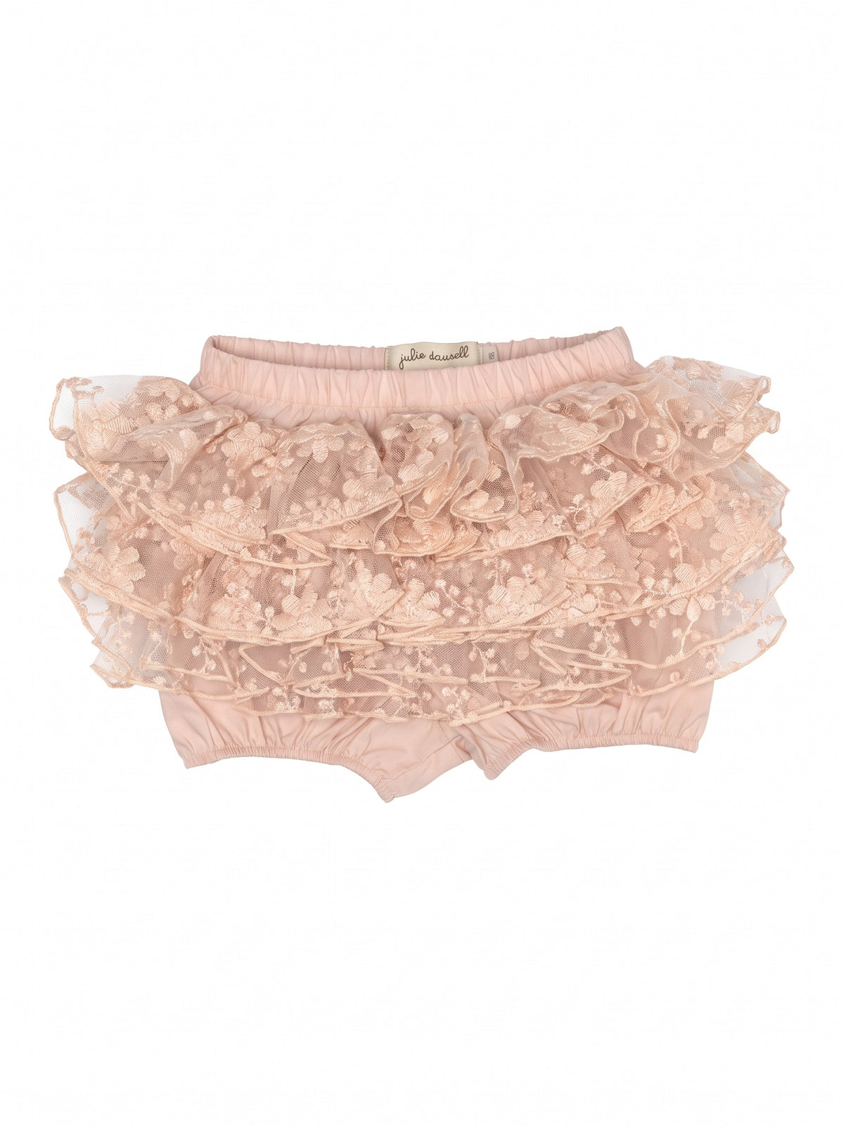 Girls' lightweight embroidered tulle bloomers with elastic waist and ruffled details.