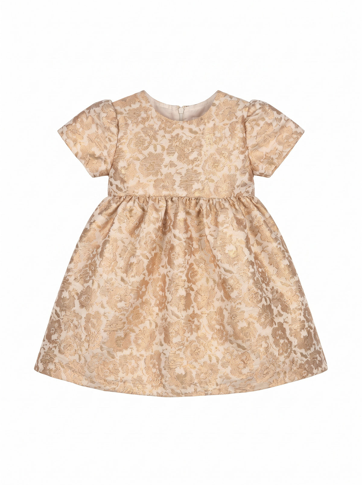 Girls' metallic floral pleated A-line mini style with short sleeves and a gathered waist.